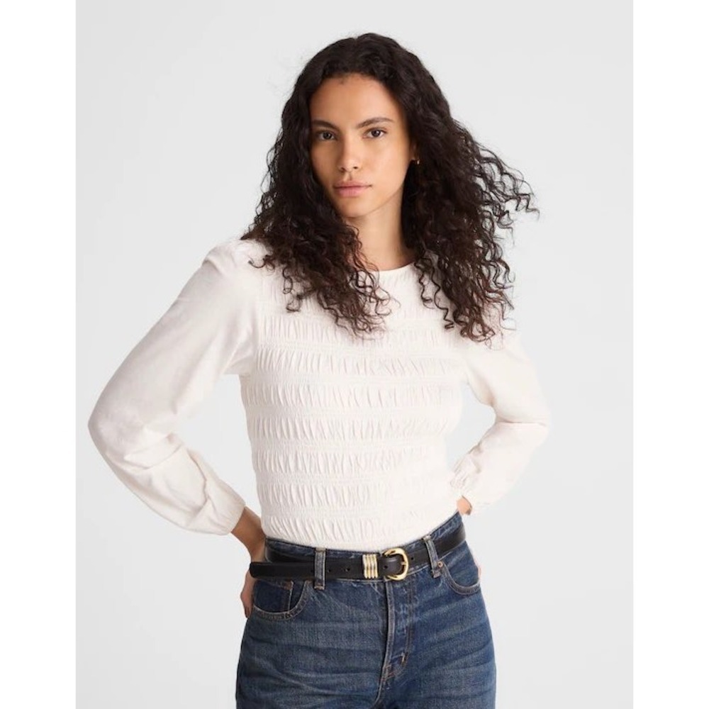 Madewell NY504 Smocked Boatneck Top Vintage Ivory XXS NWT Long Sleeve Puff